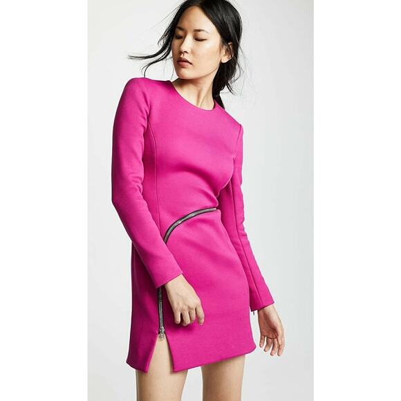 Alexander Wang Fuchsia Long Sleeve Mini Dress Asymmetric Zip Cotton Blend sz 2 - Picture 2 of 15